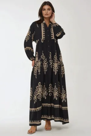 Rochie maxi  imprimeu - maneca lunga - negru - viscoza