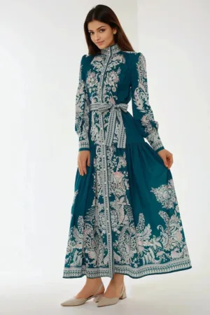 Rochie maxi -  imprimeu - maneca lunga - verde