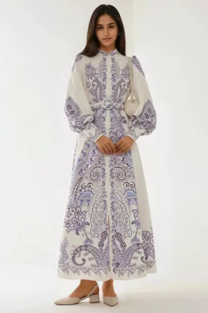 Rochie maxi - imprimeu - maneci lungi - multicolor - textil