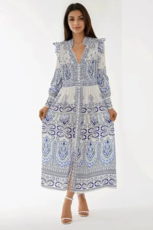 Rochie maxi -  imprimeu vibrant - decolteu in V - multicolor - textil