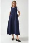Rochie maxi -  in forma de A - fara maneci - guler rotund - albastra - textil