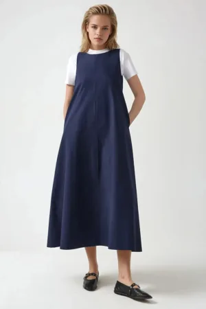 Rochie maxi -  in forma de A - fara maneci - guler rotund - albastra - textil