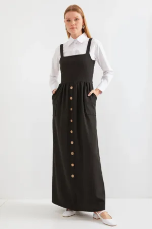 Rochie maxi - in forma de A - guler patrat - neagra - jerseu