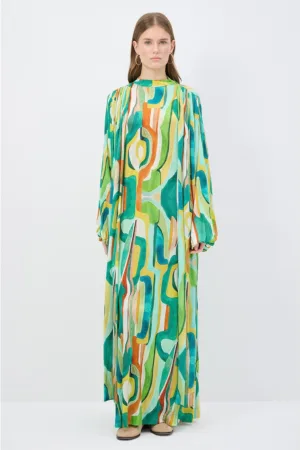 Rochie maxi lejera cu model colorblock si maneci bufante