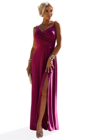 Rochie maxi lunga - eleganta - brocart fucsia - cu fanta