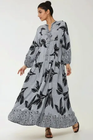 Rochie maxi -  maneca lunga - albastra - viscoza