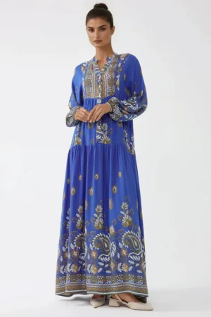 Rochie maxi  maneca lunga - albastra - viscoza