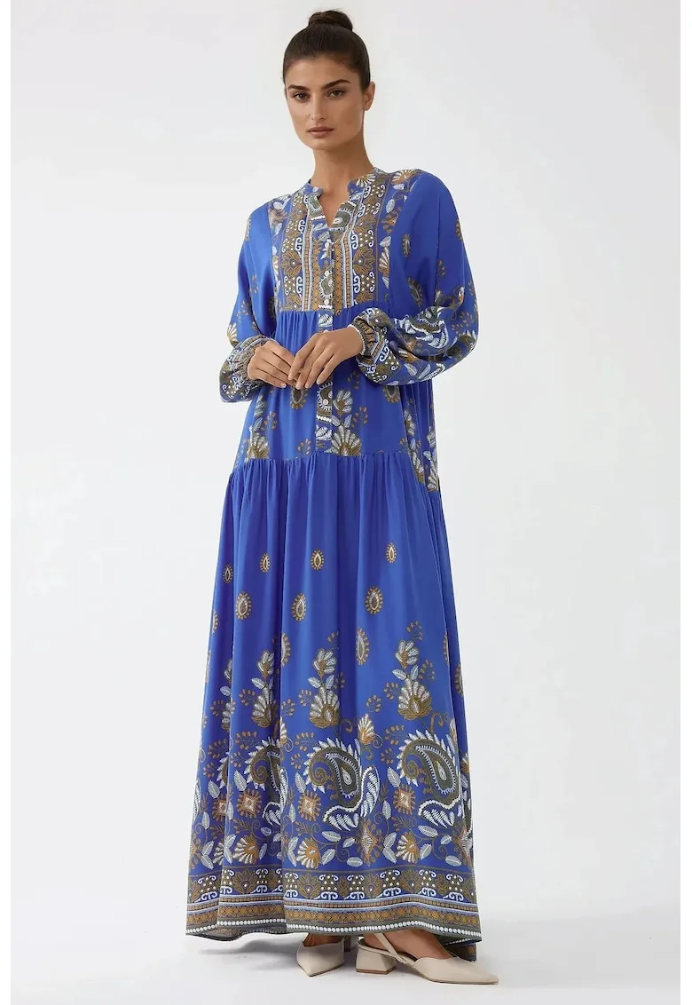 Rochie maxi maneca lunga - albastra - viscoza