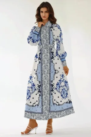 Rochie maxi  maneca lunga - albastru - textil