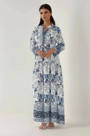 Rochie maxi -  maneca lunga - albastru - viscoza