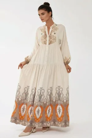 Rochie maxi -  maneca lunga - bej - textil