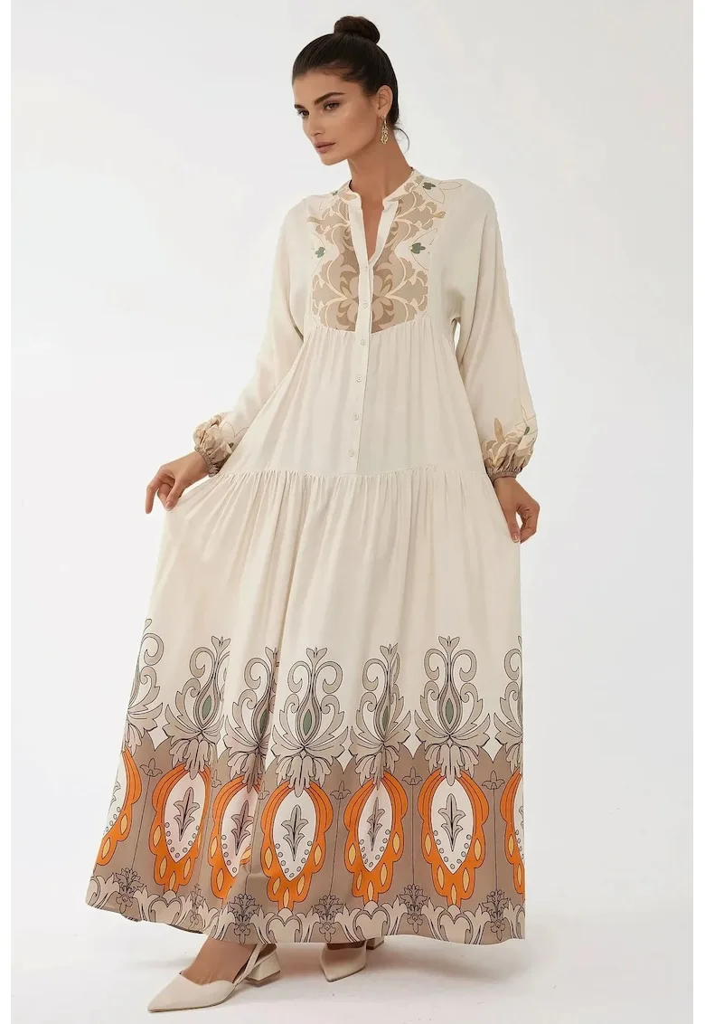 Rochie maxi - maneca lunga - bej - textil