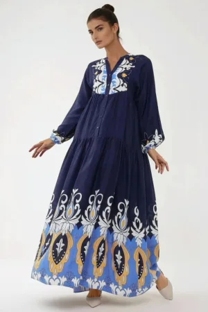 Rochie maxi  maneca lunga - bleumarin - viscoza