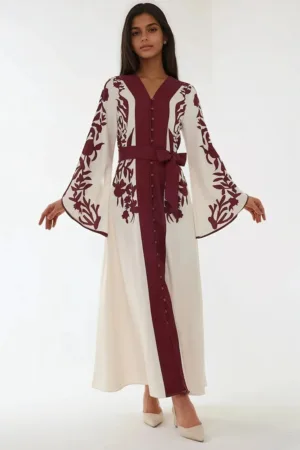 Rochie maxi  maneca lunga - brodata - rosu - textil