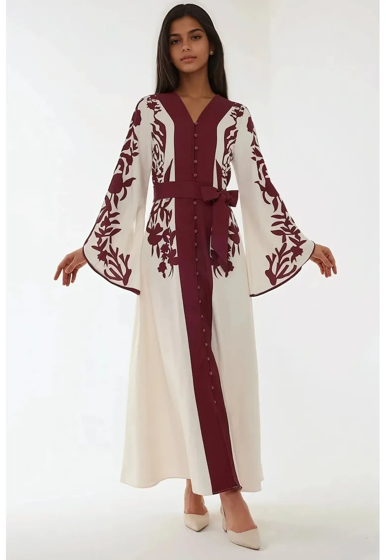 Rochie maxi maneca lunga - brodata - rosu - textil