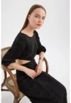 Rochie maxi -  maneca lunga - decolteu rotund - negru - poliester
