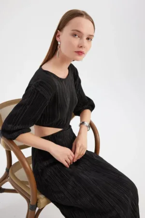 Rochie maxi -  maneca lunga - decolteu rotund - negru - poliester