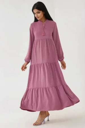 Rochie maxi -  maneca lunga - guler rotund - mov - textil