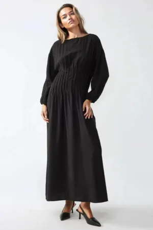 Rochie maxi - maneca lunga - guler rotund - neagra - jerseu