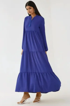 Rochie maxi -  maneca lunga - guler rotund - textil - albastra