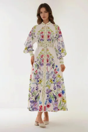 Rochie maxi  maneca lunga - imprimeu - alb - bumbac - poliester - lycra