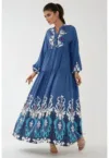 Rochie maxi  maneca lunga - imprimeu - albastra/alb - viscoza