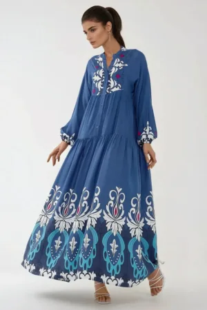 Rochie maxi  maneca lunga - imprimeu - albastra/alb - viscoza