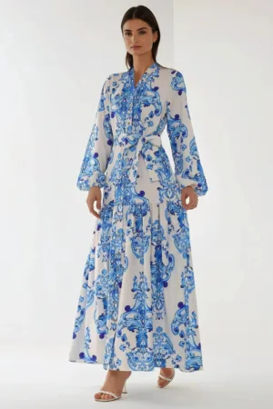 Rochie maxi  maneca lunga - imprimeu - albastru - bumbac - poliester - lycra