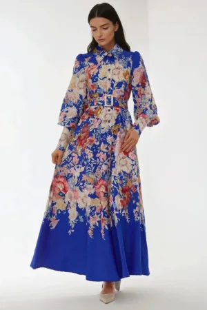 Rochie maxi  maneca lunga - imprimeu - albastru - material textil