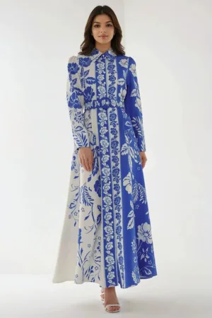 Rochie maxi  maneca lunga - imprimeu - albastru - textil