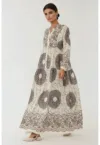 Rochie maxi -  maneca lunga - imprimeu - bej - viscoza