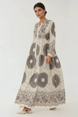 Rochie maxi -  maneca lunga - imprimeu - bej - viscoza