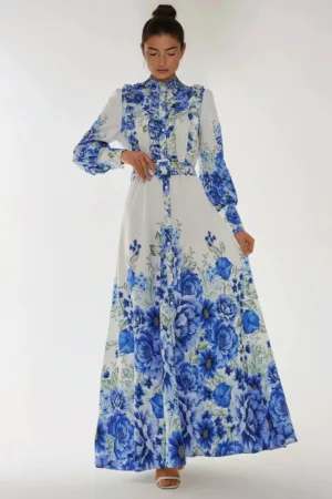 Rochie maxi  maneca lunga - imprimeu floral - albastru - textil