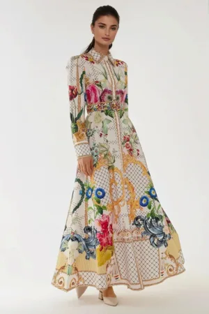 Rochie maxi - maneca lunga - imprimeu - multicolor - textil