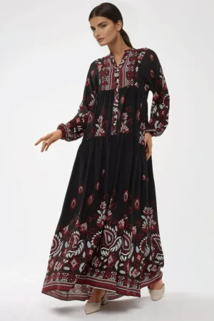 Rochie maxi -  maneca lunga - imprimeu - negru/rosu - viscoza