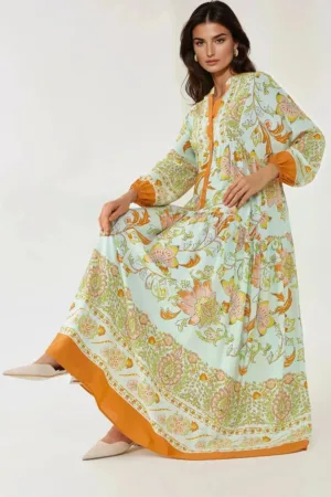 Rochie maxi maneca lunga - imprimeu - portocalie - viscoza