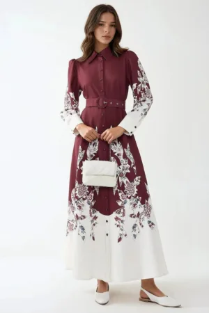 Rochie maxi  maneca lunga - imprimeu - rosu - textil