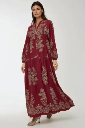 Rochie maxi - maneca lunga - imprimeu - rosu - viscoza