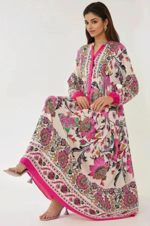 Rochie maxi  maneca lunga - imprimeu - roz - viscoza