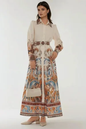 Rochie maxi maneca lunga - imprimeu - textil