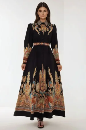 Rochie maxi -  maneca lunga - multicolor - textil