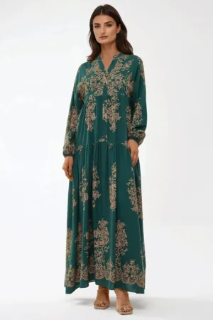 Rochie maxi -  maneca lunga - verde - viscoza