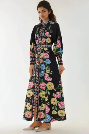 Rochie maxi maneci lungi - imprimeu - material subtire