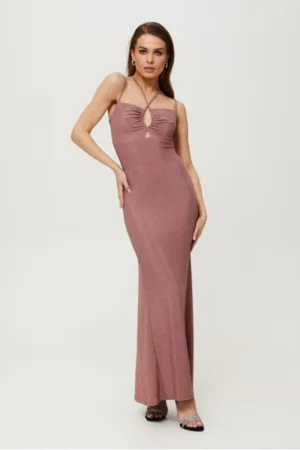 Rochie maxi metalica cu cravata la decolteu -