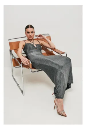 Rochie maxi metalica cu cravata la decolteu - argintiu -