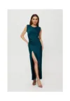 Rochie maxi metalica cu perne si pliuri - marin -