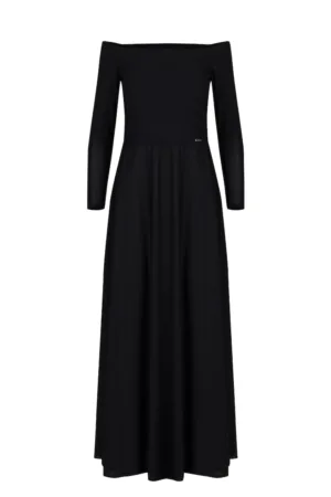 Rochie maxi model M707 - neagra - cu umeri goi si maneci lungi - poliester