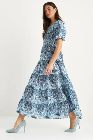 Rochie maxi - model texturat - guler rotund - albastru - poliester