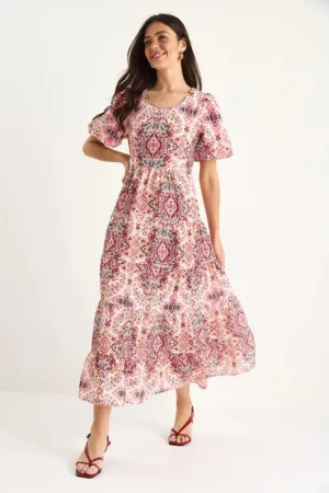 Rochie maxi - model texturat - guler rotund - roz - poliester