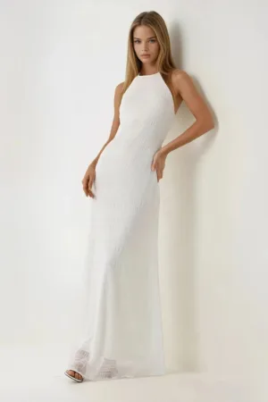 Rochie maxi -  mulata cu guler halter - alb - jerseu